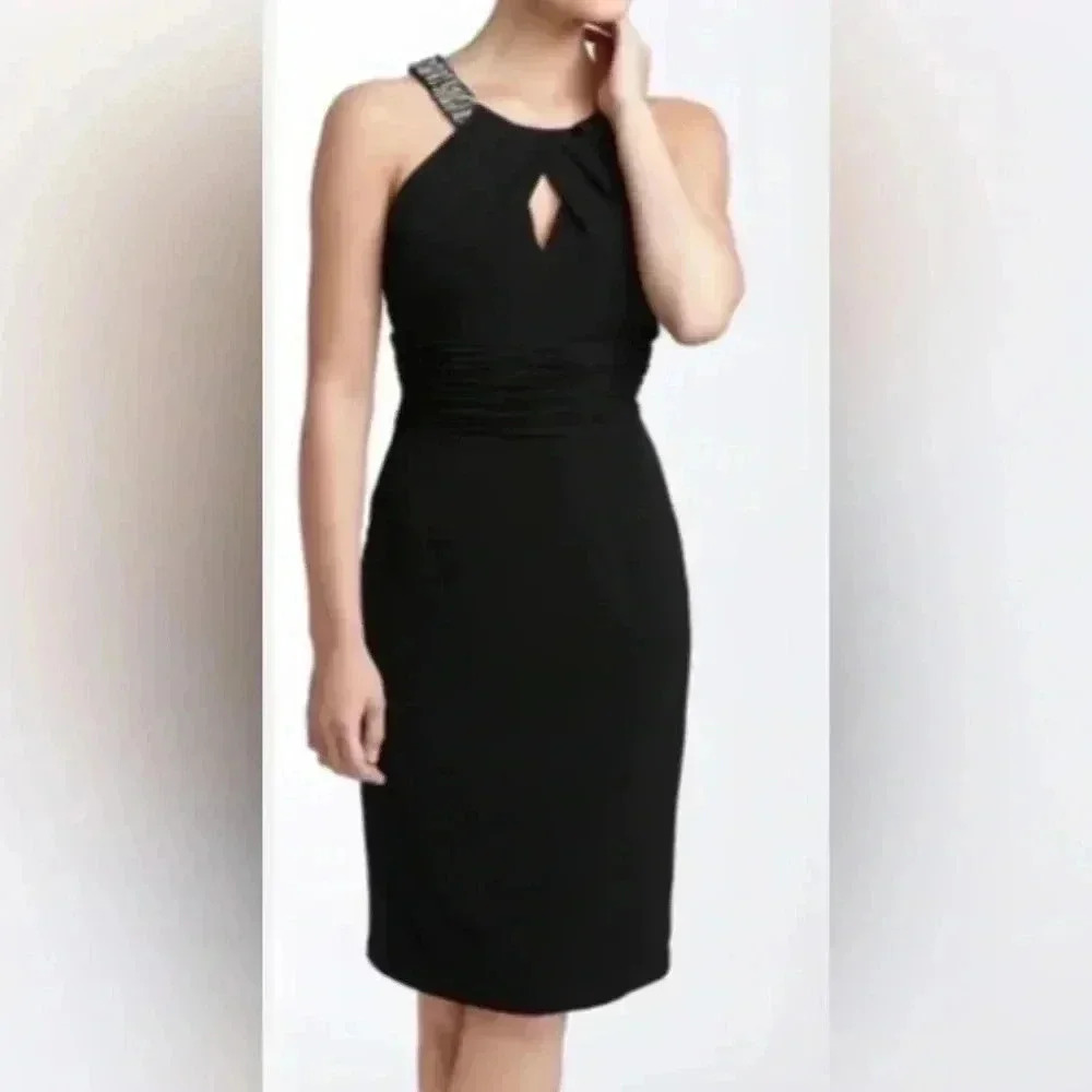 David Meister Black Beaded Embellished Keyhole Cocktail‎ Evening Dress Size 2